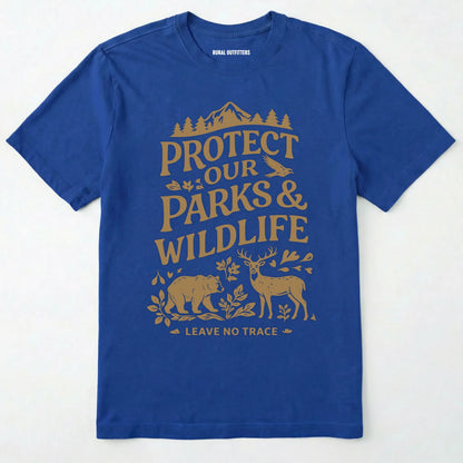 Royal t-shirt with gold text and graphics on a white background