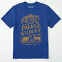 Royal t-shirt with gold text and graphics on a white background
