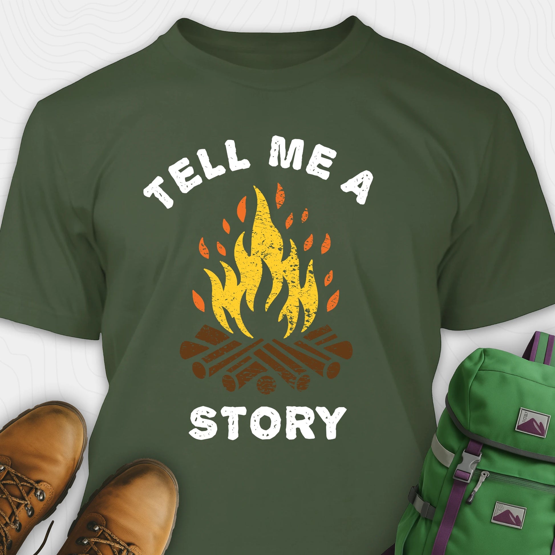 Green bonfire tee with campfire graphic