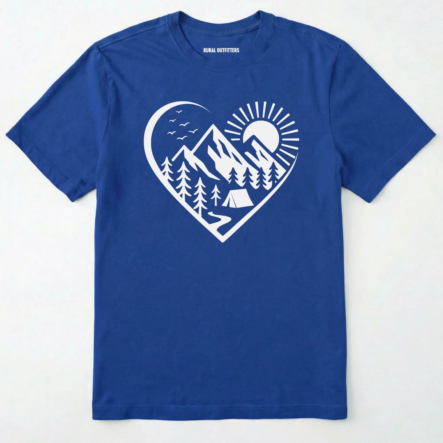 Royal nature t-shirt featuring a heart graphic with mountains, trees, and tent illustration