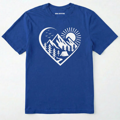 Royal nature t-shirt featuring a heart graphic with mountains, trees, and tent illustration
