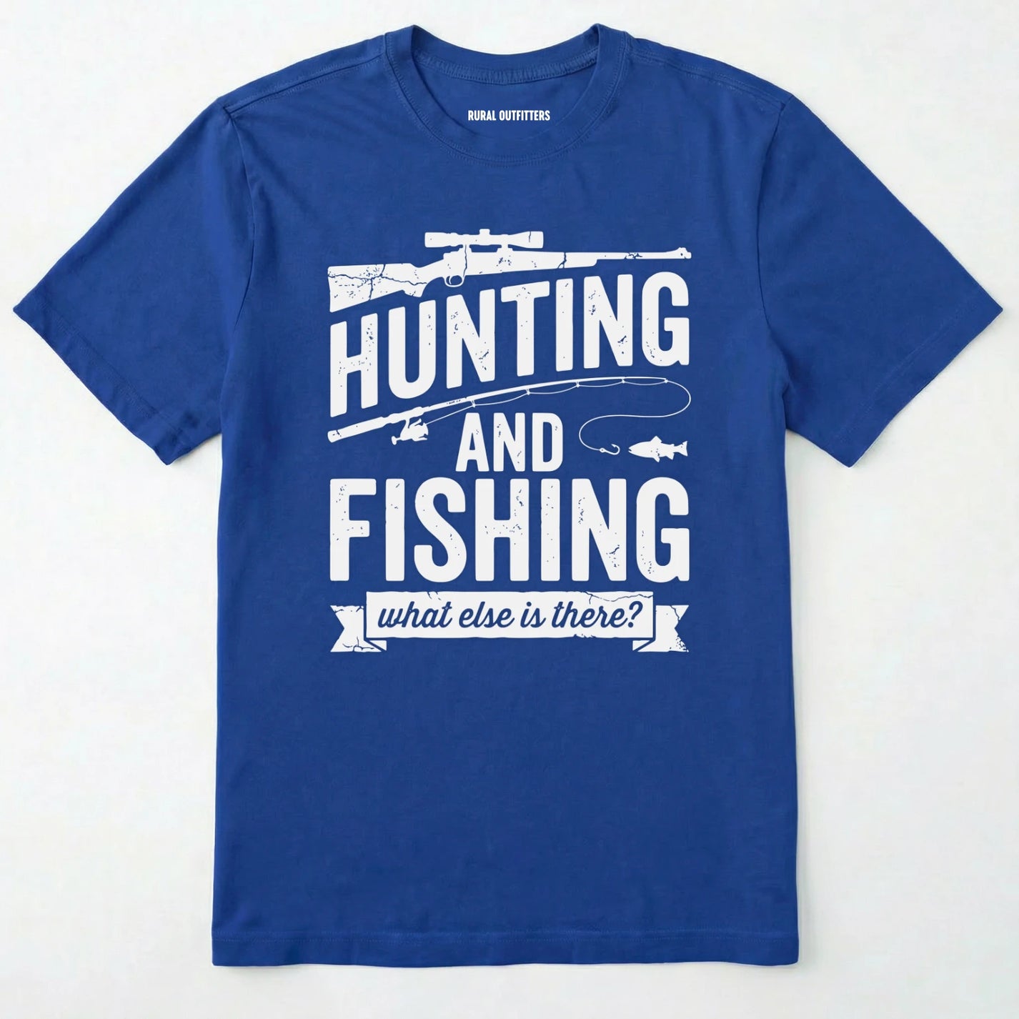 Royal t-shirt with hunting and fishing graphic and text on a white background