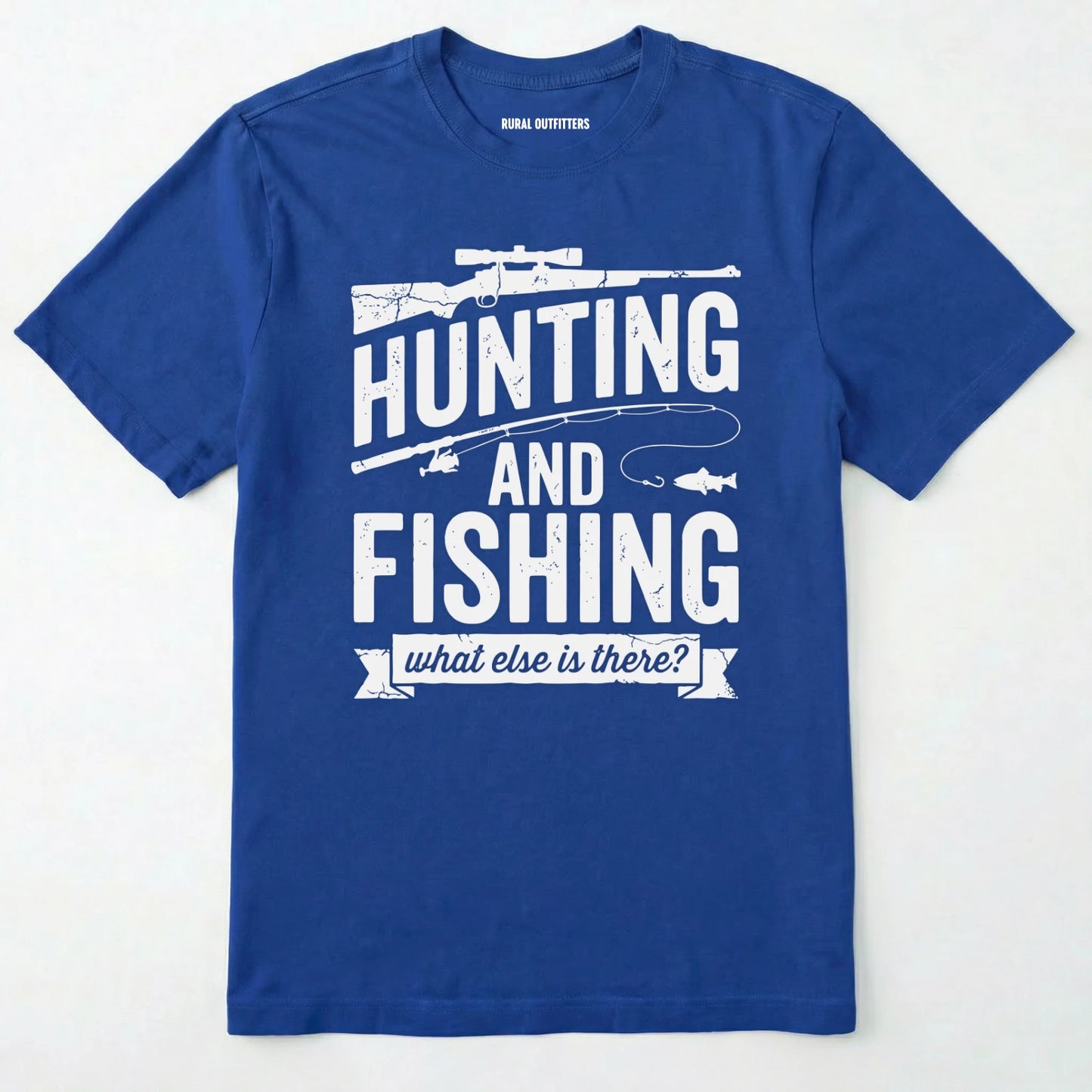 Royal t-shirt with hunting and fishing graphic and text on a white background