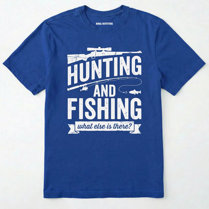 Royal t-shirt with hunting and fishing graphic and text on a white background