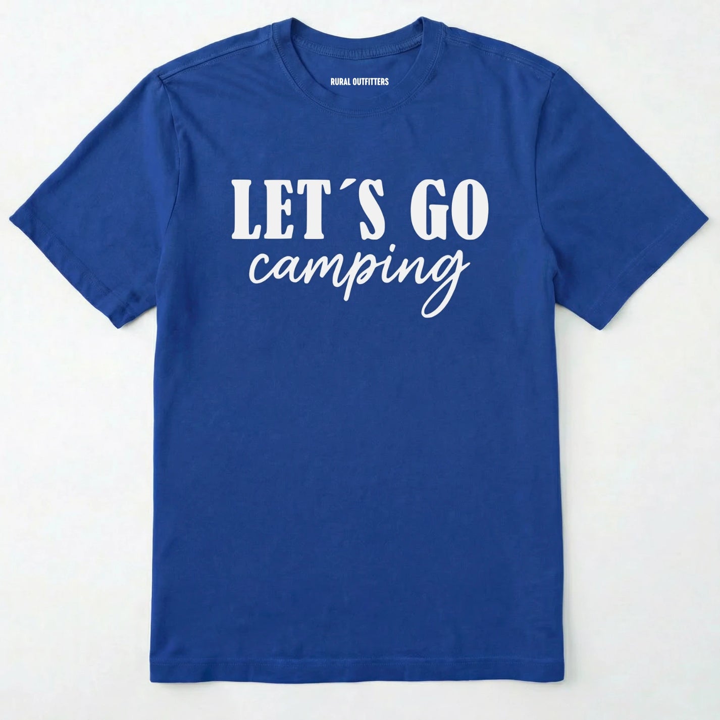 Royal lets go camping shirt with simple adventure typography on a light grey background.