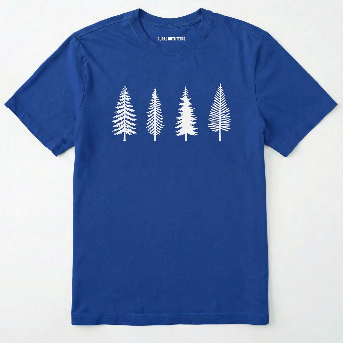 Royal pine tree shirt with minimalist forest graphic on a plain white background