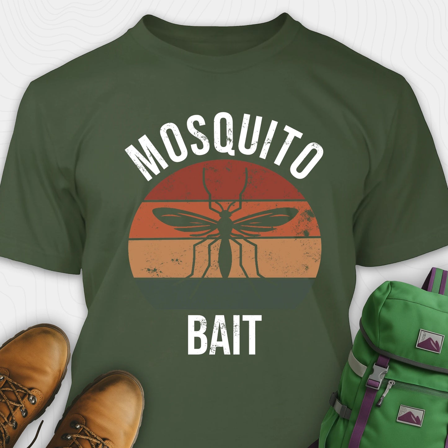 Green mosquito shirt with mosquito graphic and 'Mosquito Bait' text, paired with brown boots and a green backpack.