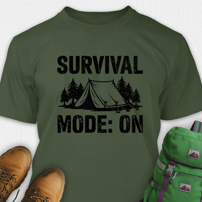 Green bushcraft shirt with survival mode on text, featuring tent and pine tree design