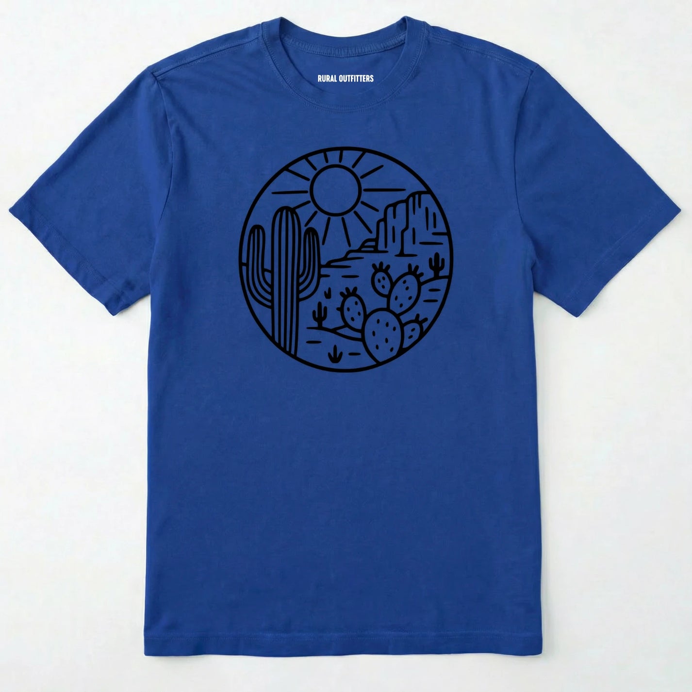 Royal cactus shirt featuring desert landscape and cactus illustration on a white background.