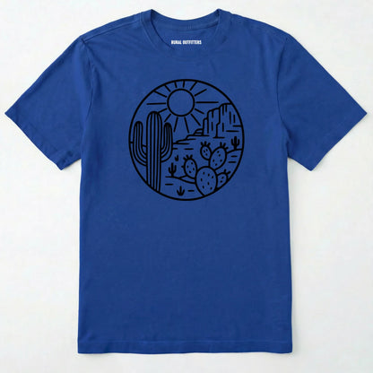 Royal cactus shirt featuring desert landscape and cactus illustration on a white background.