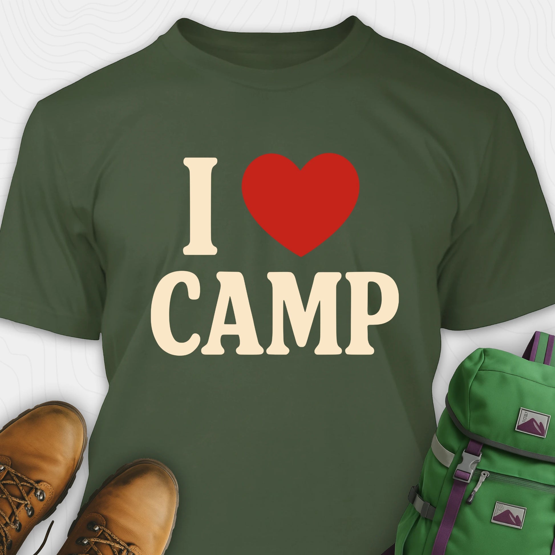 Green I love camp t-shirt with bold text and heart design