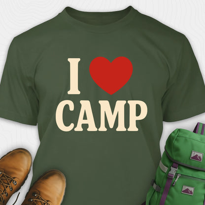 Green I love camp t-shirt with bold text and heart design