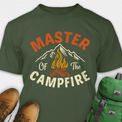 Green fire starter shirt with retro campfire and mountain graphic, featuring "Master of the campfire" text