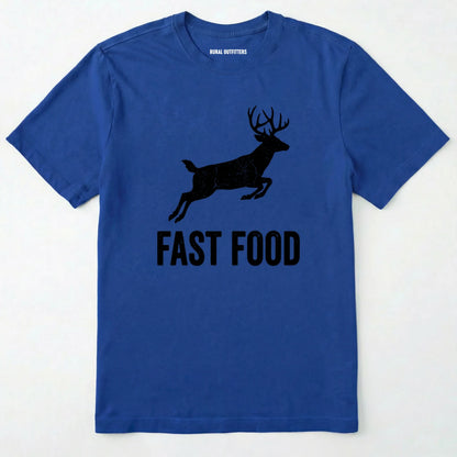 Royal t-shirt with black deer graphic and 'fast food' text on a white background