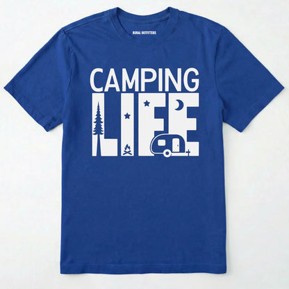 Royal camp life shirt featuring a camper and a pine tree design on a white background.