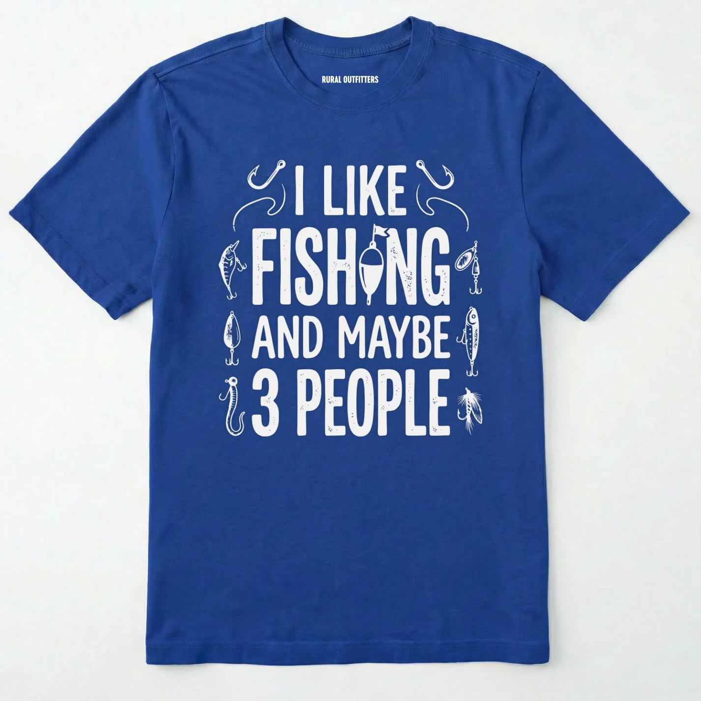 Royal t-shirt with white text and fishing graphics on a white background