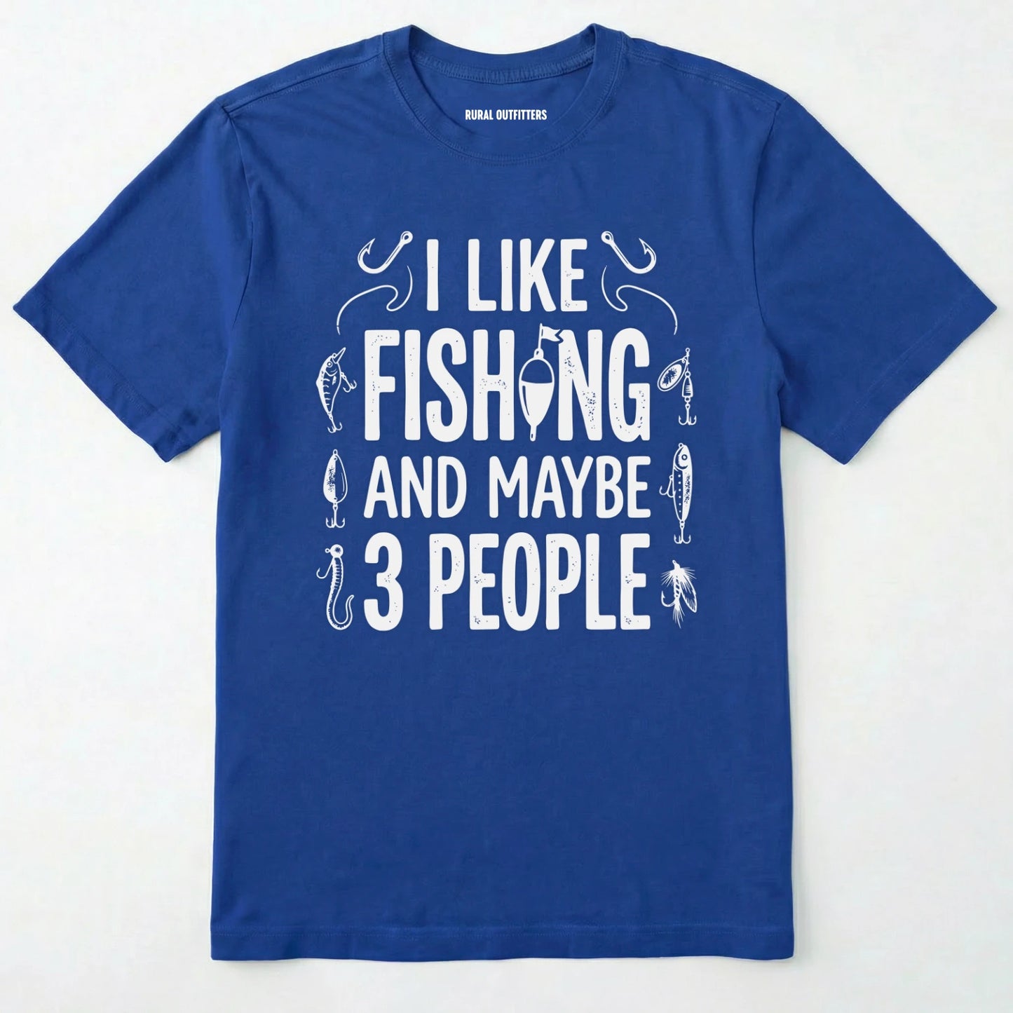 Royal t-shirt with white text and fishing graphics on a white background