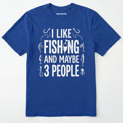 Royal t-shirt with white text and fishing graphics on a white background
