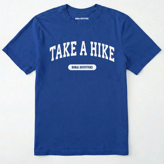 Royal take a hike t-shirt on a plain white background