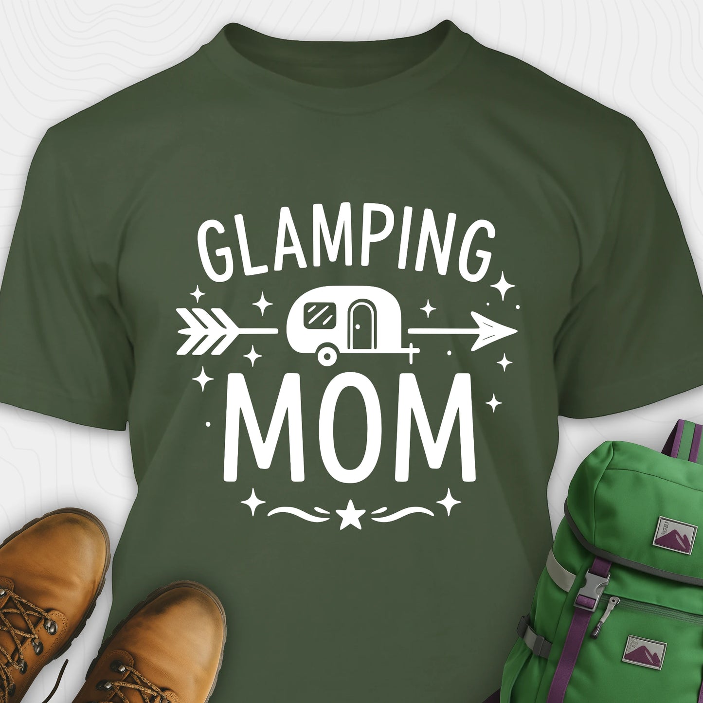 Green glamping mom shirt with camper and arrow design