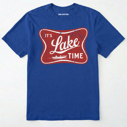 Royal lake t-shirt with retro ⊜it⊙s lake time⊝ graphic, featuring a red vintage lake badge design, nature-themed on a white background.