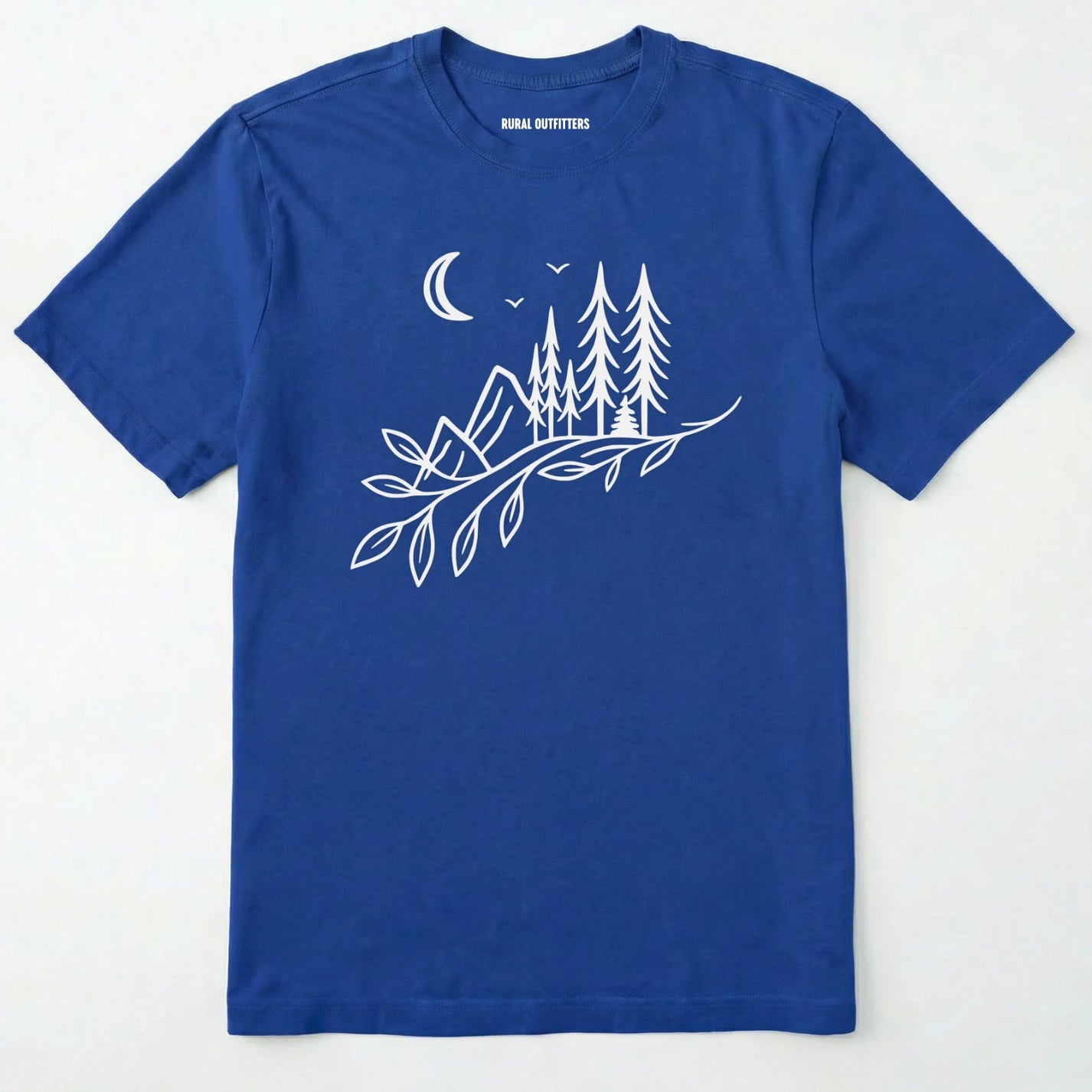 Royal nature graphic t-shirt showing mountains, pine trees, and moon line art on a white background.