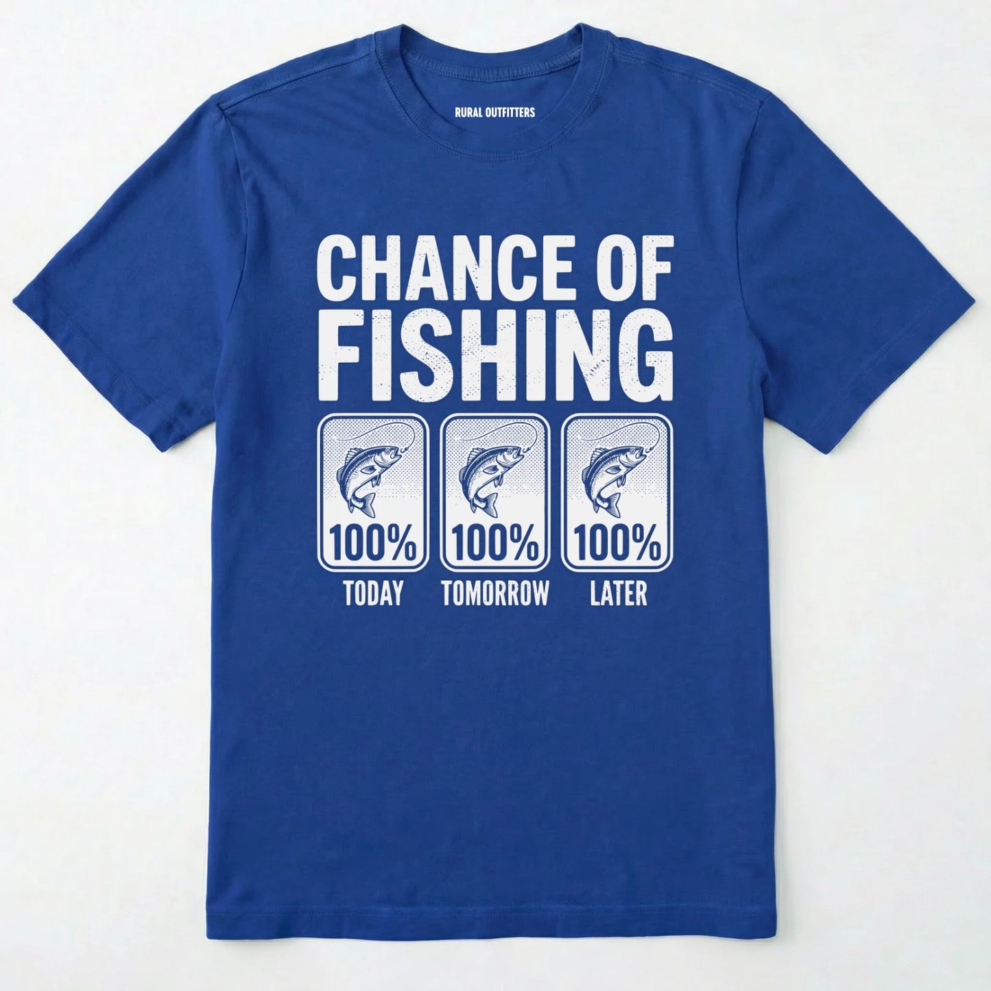 Royal t-shirt with 'chance of fishing' graphic on a white background