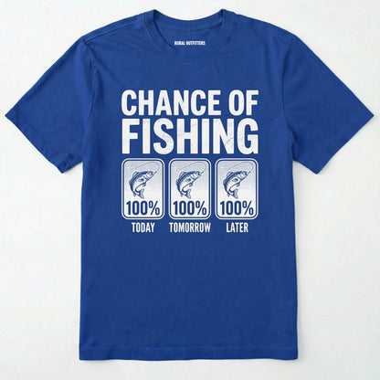 Royal t-shirt with 'chance of fishing' graphic on a white background