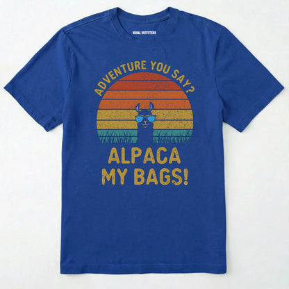 Royal alpaca my bags shirt with retro sunset and llama graphic on a white background.
