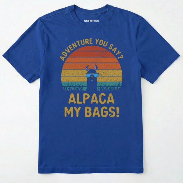 Royal alpaca my bags shirt with retro sunset and llama graphic on a white background.