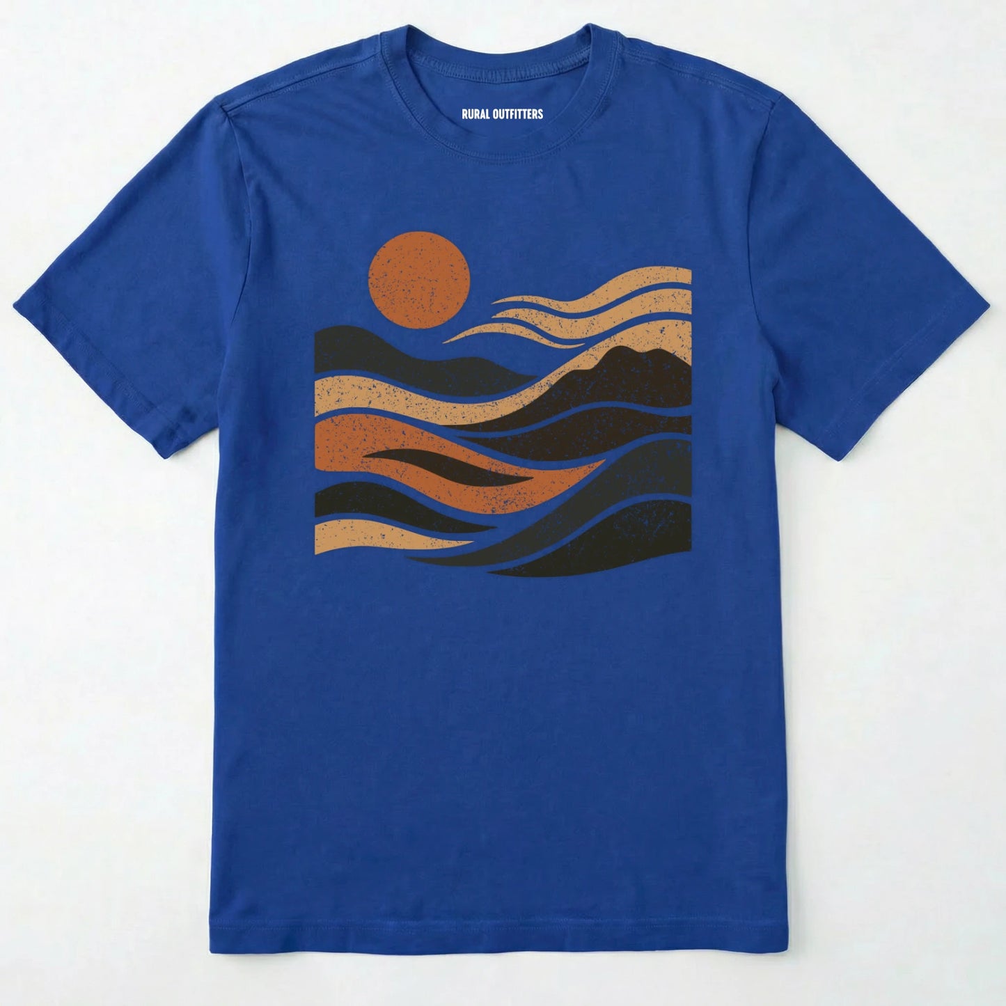 Royal t-shirt with a graphic design of waves and a sun on a white background