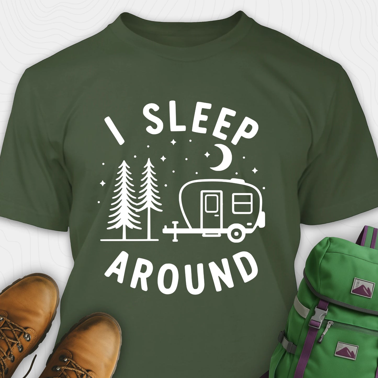 Green I sleep around camper shirt with travel trailer and night sky graphic