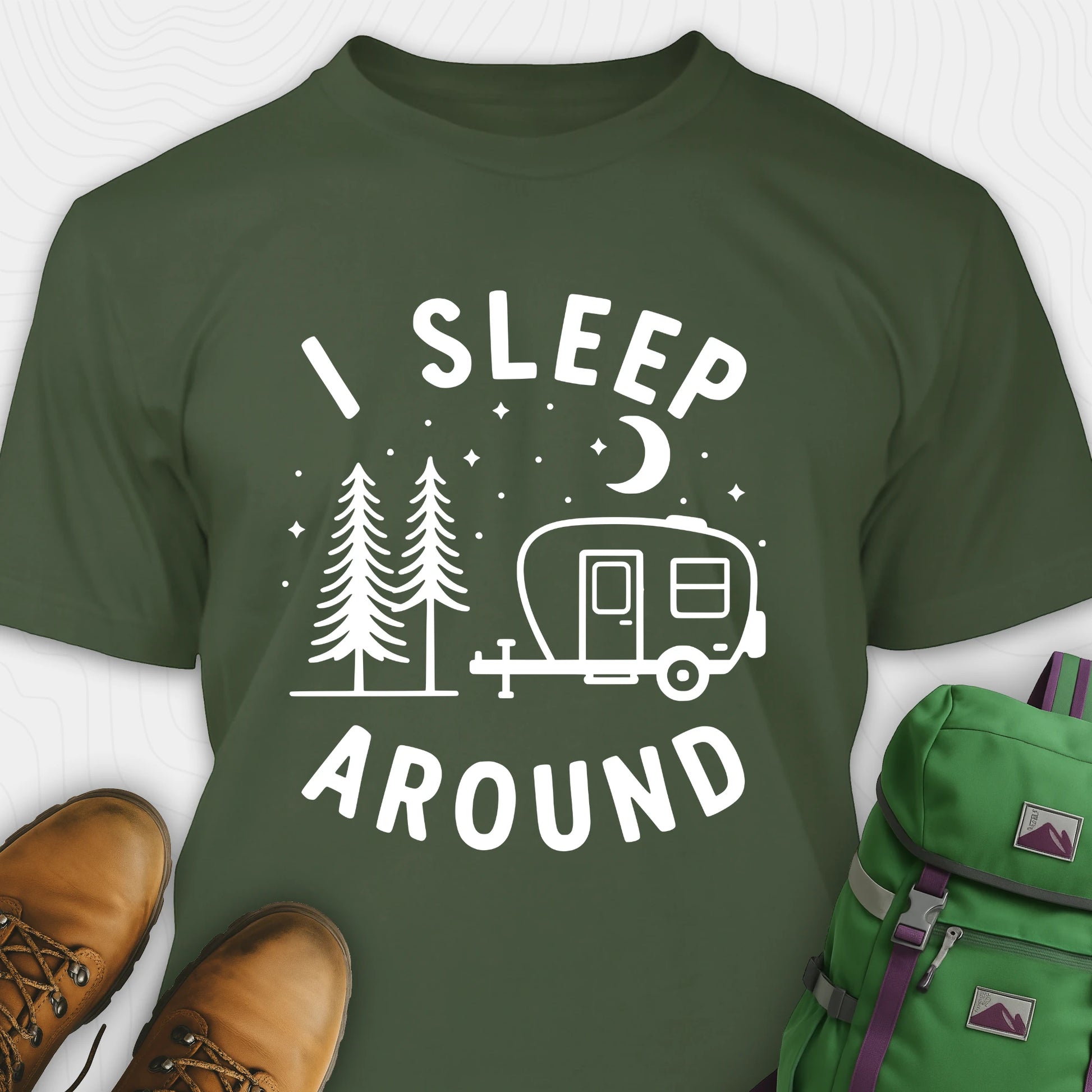 Green I sleep around camper shirt with travel trailer and night sky graphic