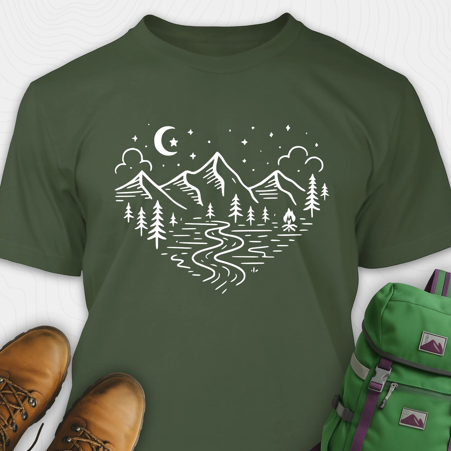 Green love nature t-shirt with mountain and forest heart graphic