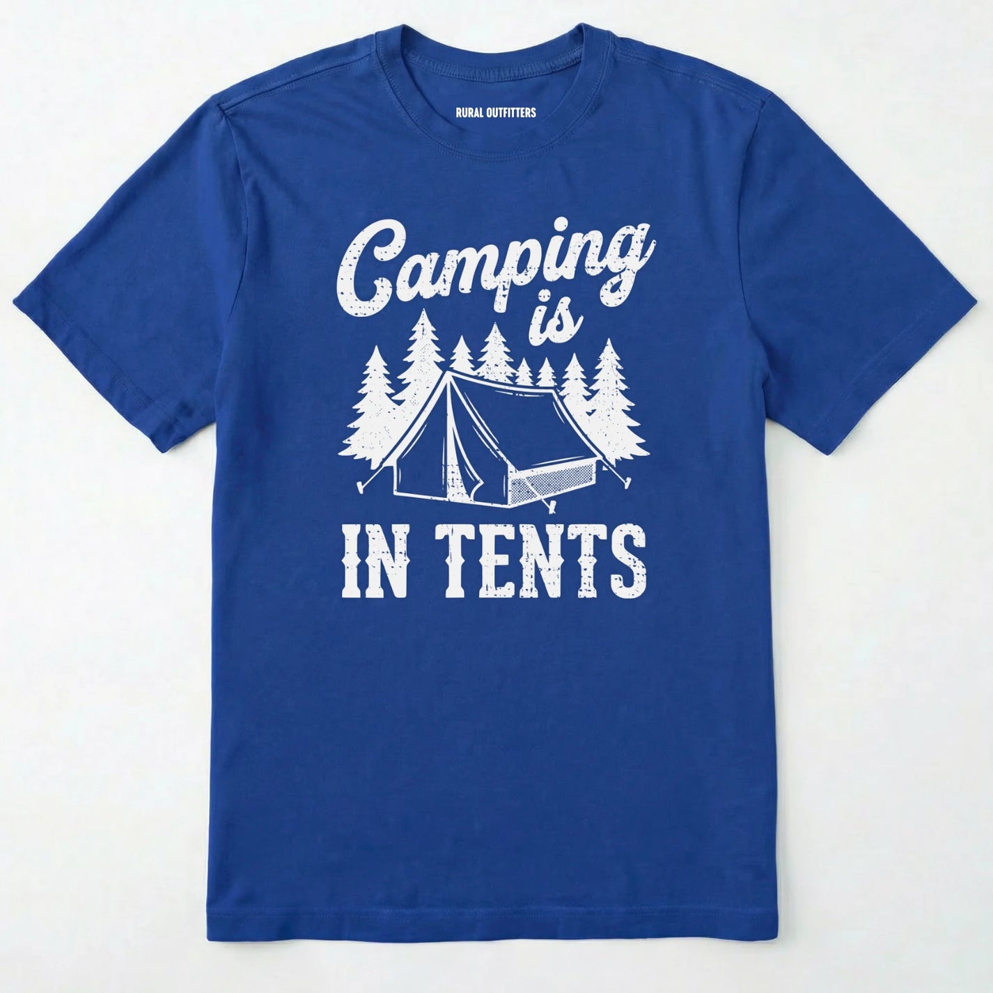 Royal t-shirt with white text and graphic of a tent and trees on a white background