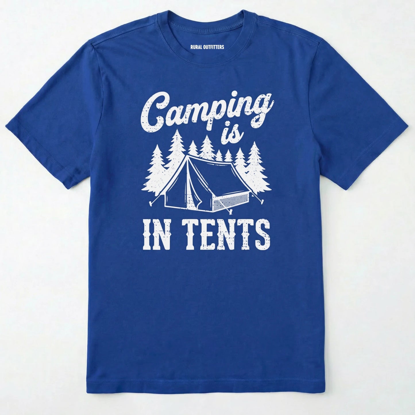 Royal t-shirt with white text and graphic of a tent and trees on a white background