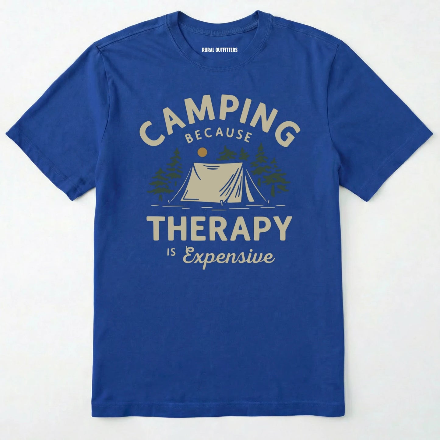 Royal camping therapy shirt with a tent and pine trees design and "camping because therapy is expensive" text on a white background.