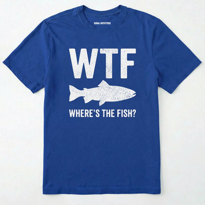 Royal t-shirt with white text and fish graphic on a white background