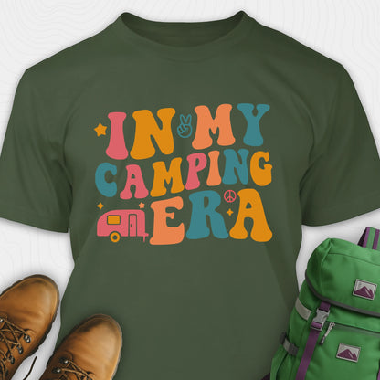 Green cute camping shirt with colorful retro “in my camping era” graphic