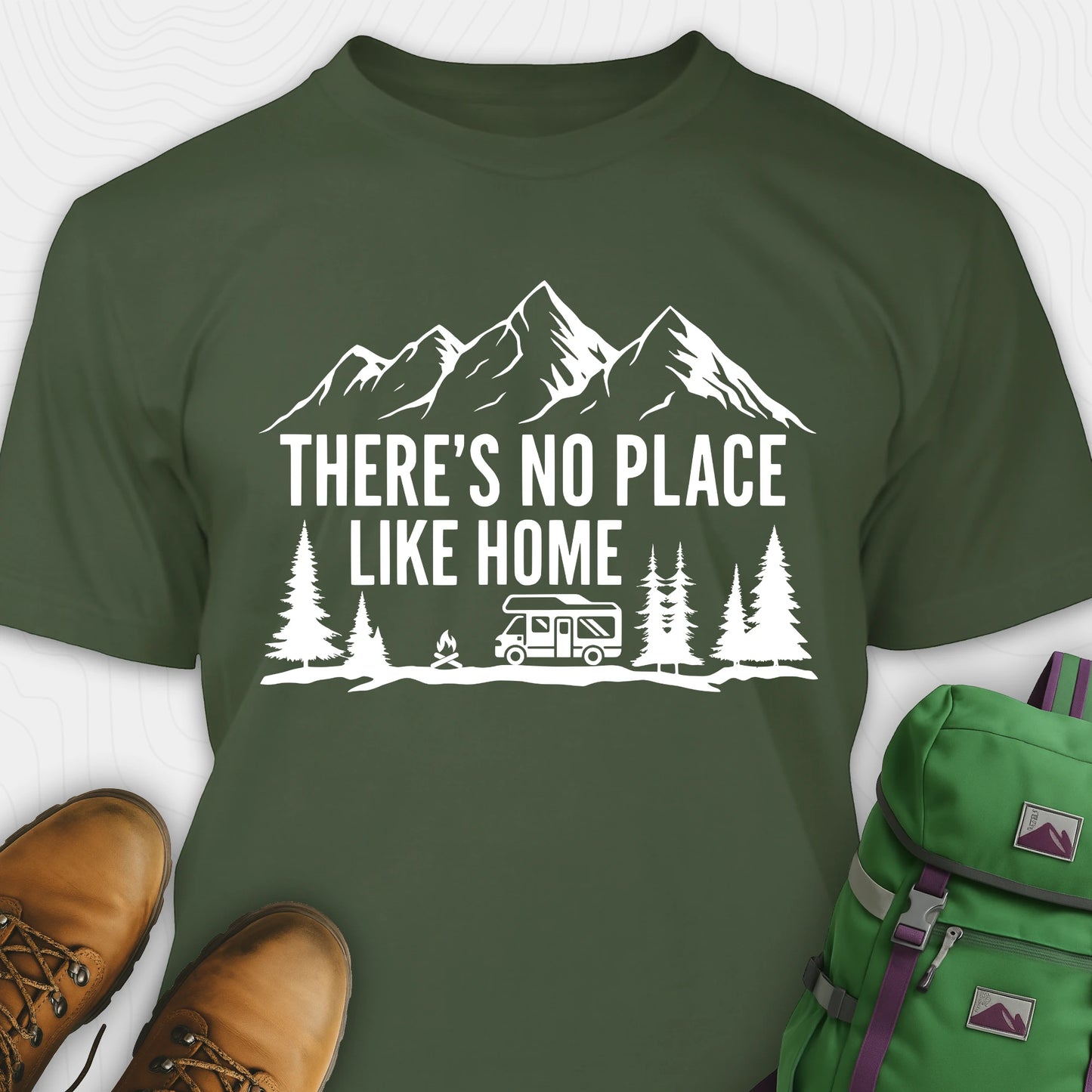 Green theres no place like home shirt with camper and mountain graphic