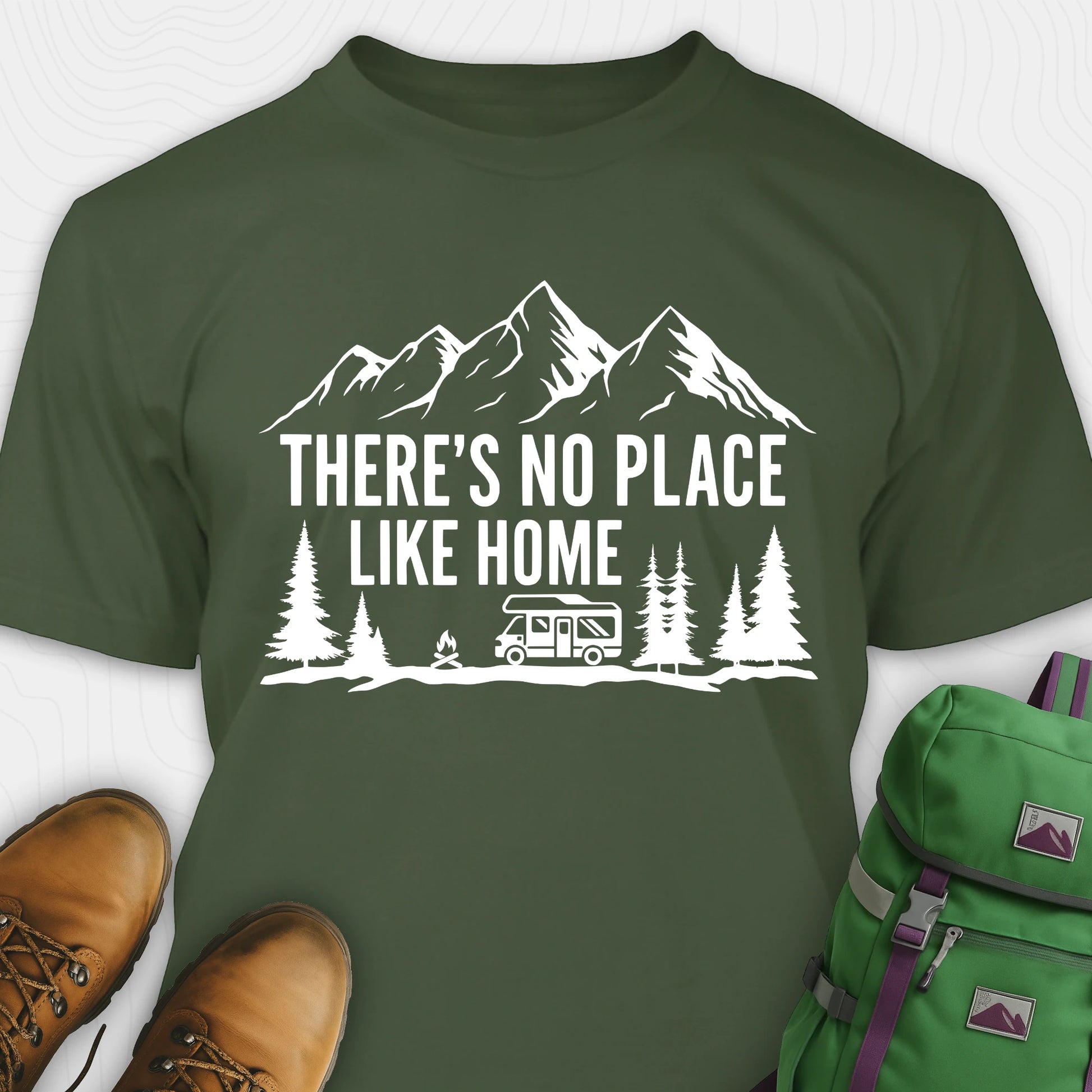 Green theres no place like home shirt with camper and mountain graphic