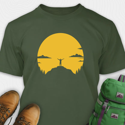 Green climbing shirt with yellow sunset and mountain climber silhouette