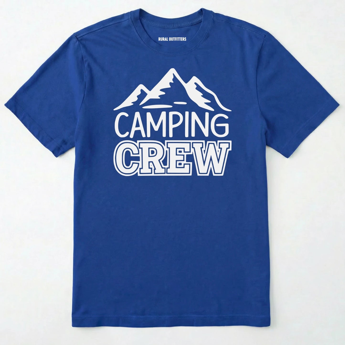 Royal camping crew t-shirt with 'camping crew' text and mountain graphic.