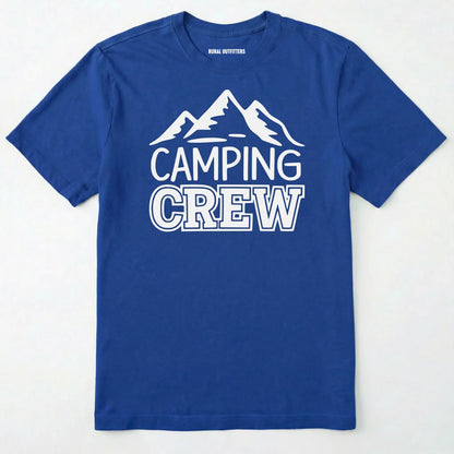 Royal camping crew t-shirt with 'camping crew' text and mountain graphic.