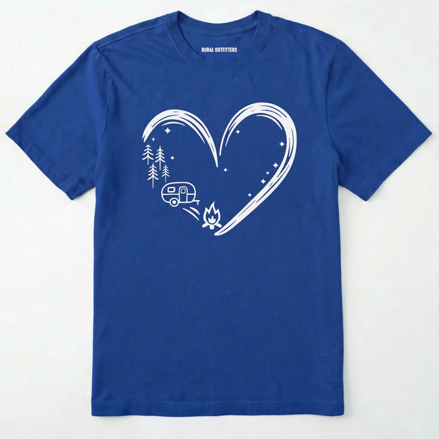 Royal t-shirt i love camping shirt with a heart-shaped mountain and camper design on a white background.