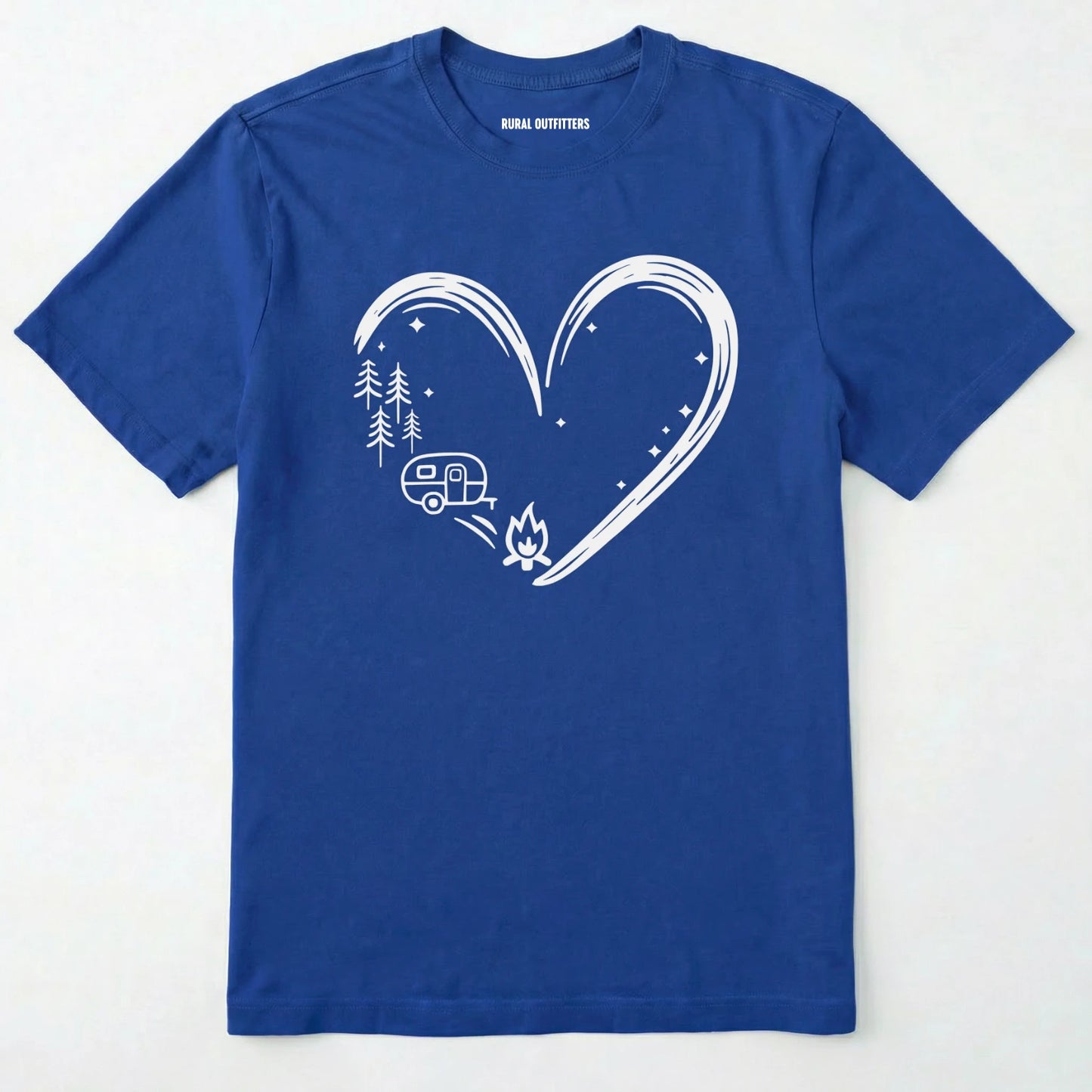 Royal t-shirt i love camping shirt with a heart-shaped mountain and camper design on a white background.