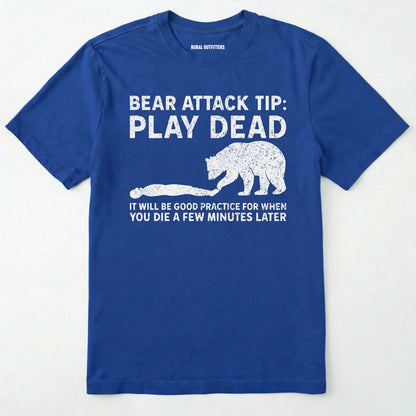 Royal bear tee shirt with bear attack tip graphic and text on a white background.