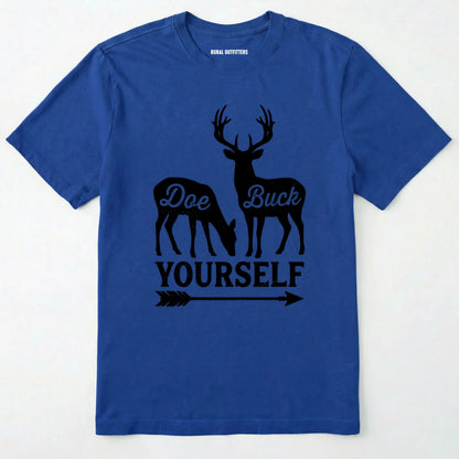 Royal t-shirt with white graphic of deer and text 'doe buck yourself' on a white background
