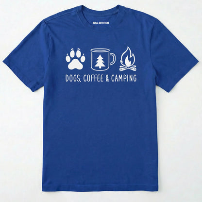 Royal camping dog shirt with paw print, coffee mug and campfire design on a white background.