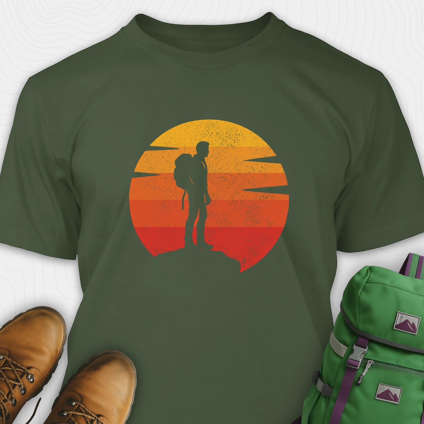 Green retro sunset t-shirt with hiker silhouette
